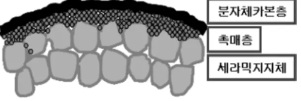 Figure 5. 탄소체 분리막. 과 유속이 제한받고, 질소와 이산화탄소의 분자  크기가 유사하여 선택성이 높지 않은 단점이 있 다.  또한  다중벽  카본나노튜브(MWCNT)의  충 진 베드를 이용하는 경우도 보고 되고 있으나  무기분리막을 배가스에 적용하기 위해서는 선 택성, 투과도 및 화학적 안정성 측면에서 성능  개선이 요구된다