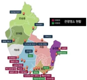 Fig.  1.  Distribution  chart  of  Haeundae-gu  tourist  attractions 첫 번째는 교차점에서 해운대지역의 동서남북 4개 거 리의 전체적인 안내표지판 분석이고, 두 번째는 해운대지 역의  20개의  주요  공공시설물에 대한 입면의 재료이고,  세 번째로 공공시설물의 색채, 네 번째는 특수구역 조명,  다섯번째는 상업용 간판의 색채, 그리고 여섯 번째는 축 제기간의 장식물 색채로 세분하여 조사하였다