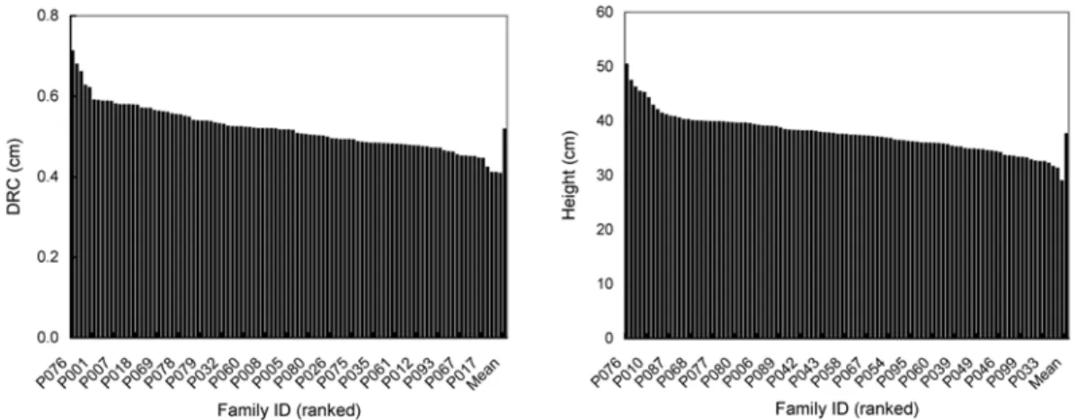 Table 1. Number of tree with records ( n ), survival, overall means (Mean), standard deviation (SD) and range for diameter at root collar (DRC) and height growth (HT) under different ages in the progeny trial of  A