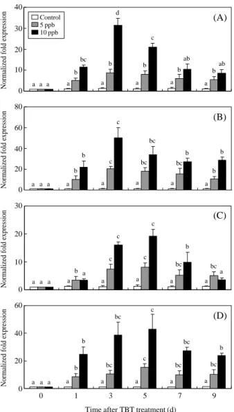 Figure 2. In the gills, SOD (A) and CAT (B) mRNA expres-