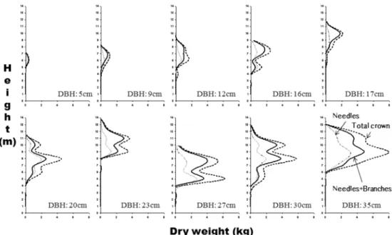 Figure 4. Vertical profile of crown fuel load (kg) by fuel component of Japanese red pine in Mt