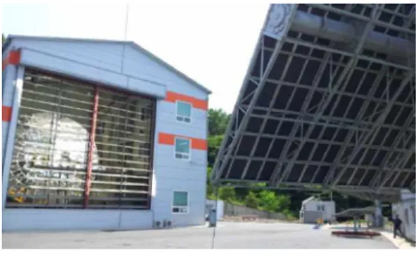 Fig. 1. 40 kW th  solar furnace윈도우 온도 증가로 인한 손상이 있다. 또한 윈도우 제작상 크기의 한계가 있기 때문에 대용량 반응기 제작에 제한이 따른다.일반적으로 간접 가열식은 앞서 언급한 연구에서와 같이 반응기 외부에 보온을 위한 캐비티가 있으며 내부에 주로 흑연 재질의 관형 다발관 형태의 반응기가 설치되고 반응기 내부에 서 메탄 또는 메탄 혼합물이 반응할 수 있도록 하였으며 열손실을 줄이기 위해 캐비티의 밀폐율을 높이고자 하였