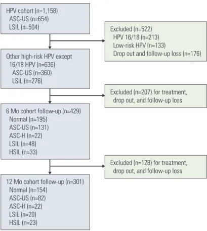 Fig. 1. Flow diagram of study selection. HPV, human papillomavirus; ASC-US, atypical squamous cells of undetermined significance; LSIL, low-grade squamous intraepithelial lesion; ASC-H, atypical squamous cells-cannot exclude high-grade squamous intraepithe