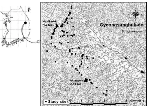 Figure 1. Map of study site in Mt. Munsu and Mt. Okseok.