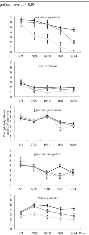 Figure 3. Effect of artificial Asian dust on the maximum photosynthesis in five tree species; Diamond: Control, Square: