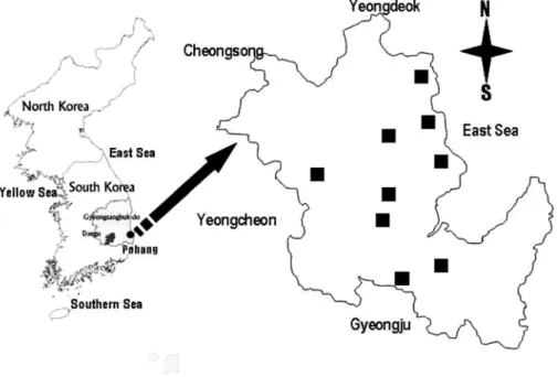 Figure 1. Map showing the study area. Black marks indicate the sampled sites (Copyright by Cho, 2005).