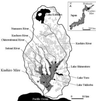Figure 1. The outlets of the rivers in Kushiro Mire and the locations of sampling sites