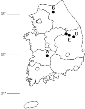 Figure 1. The location of mountain cultivated ginseng populations that were collected to be analyzed ISSR (A: