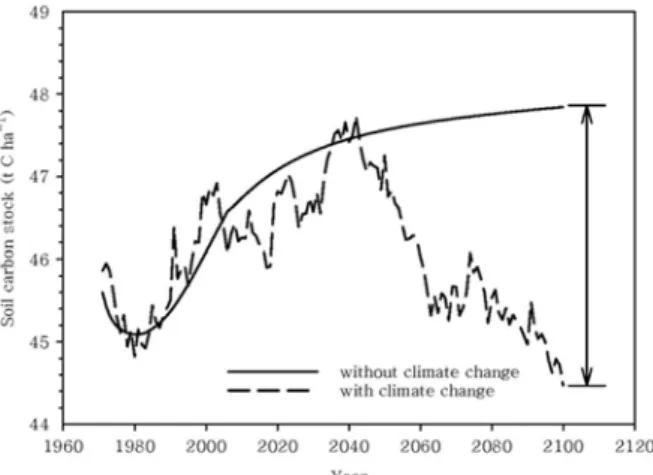 Figure 7. Comparison of soil carbon stocks with and without climate change.