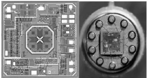 Figure 3. I-MEMS형 가속도 센서 및 패키징 사진(미국:AD사). 체 공정을 이용한 MEMS 기술이 발전하면서  초소형화와  대량  생산이  가능한  제품이  속속  개발되고 있는 추세이다