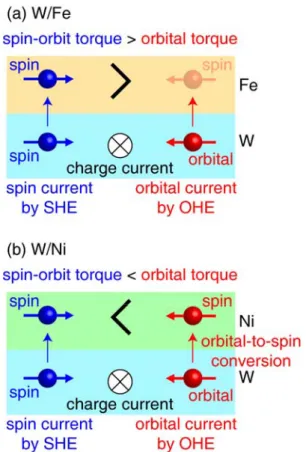 Fig.  3.  Schematics  of  spin-orbit  (spin  Hall)  torque  vs.  orbital  torque  in  (a)  W/Fe  and  (b)  W/Ni.