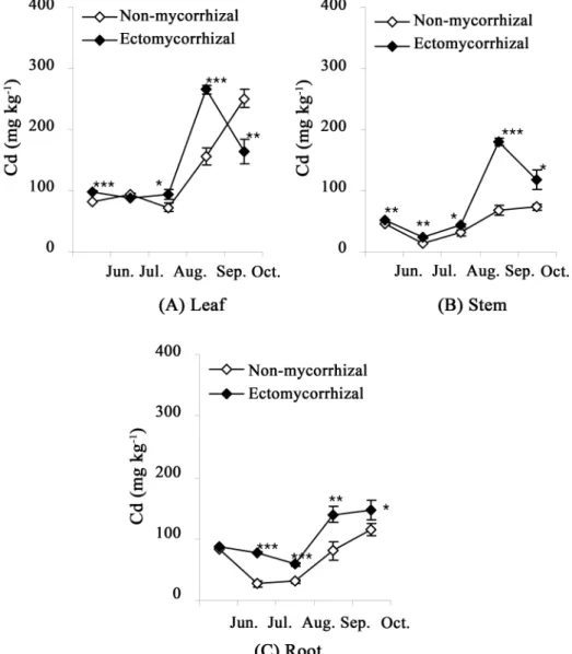 Figure 1 represents the monthly changes of Cd con- con-centration in the leaves, stems and roots of one-year-old poplar cuttings treated with 0.4 mM Cd solution