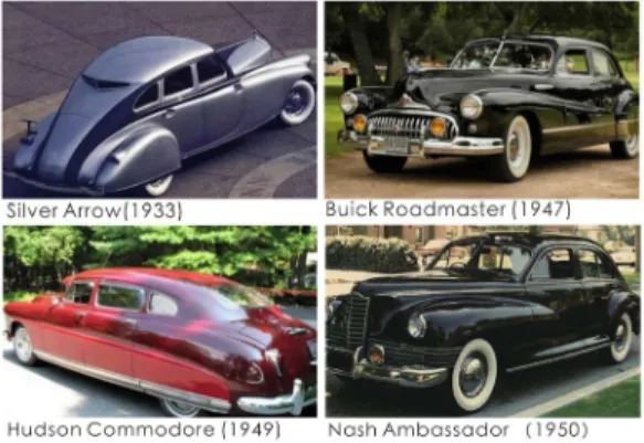 Fig. 6. Typical fastback design models in America from the  1930s  to  the  1960s     미국에서는 원래 근육 차종을 숭상했지만 유럽에서 전 해진  패스트백  디자인과  근육  스타일이  매우  절묘하게  결합되어 "Torpedoback"이라는 새로운 스타일이 출현 하였다