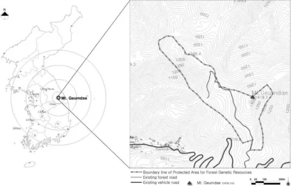 Figure 1. Key and location map of study site in Mt. Geumdae's protected area for forest genetic resources.