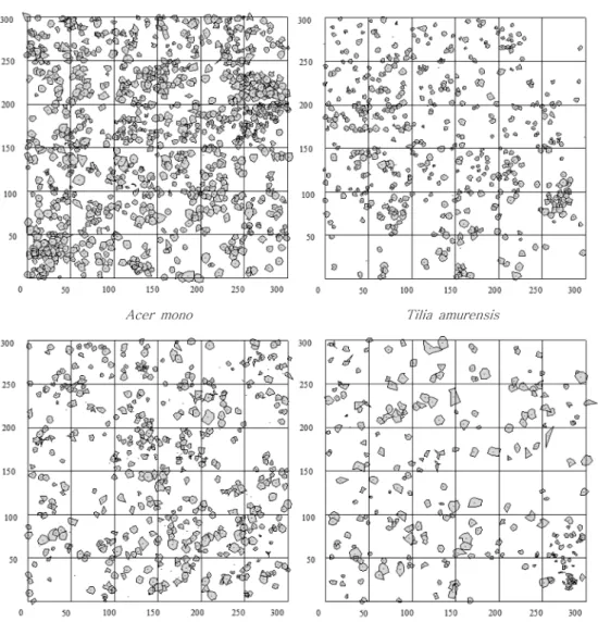 Figure 1. The distribution of crowns of major tree species at overstory in the 9ha plot.