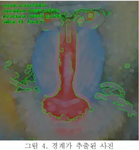 그림  4.  경계가  추출된  사진 Morphology를  적용한  다음  Edge를  경계를  이용하여  덩어리들의  무게중심을  구한다. 이렇게  구해진  무게중심과  경계를  이용하여  처음에  구해진  이동성을  확인한다