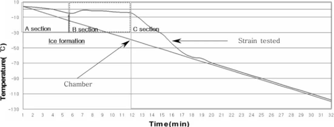 Figure 4. The above curve indicates a generalised state change of  L. edodes  mycelium at freezing process when a programmable freezer used