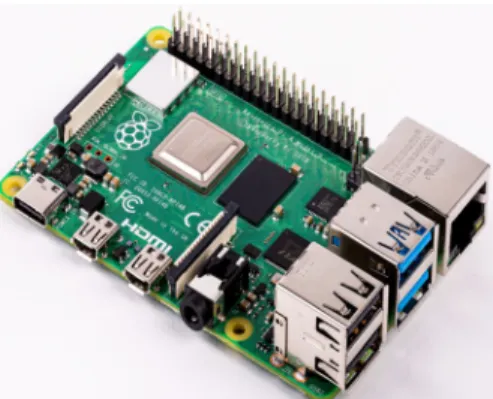 Fig.  2.  Raspberry  Pi  4  B  (Source  :  https://www.rasp  berrypi.org/blog/raspberry-pi-4-on-sale-now-f rom-35/) 라즈베리 파이 4 모델 B는 OpenGL ES3 이 지원되 고, 4K 해상도를 지원되어 IoT 기술 구현이 가능하며 스 마트 미러 구현에 적합하다