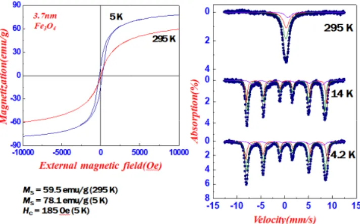 Fig.  5.  VSM  result  (left)  at  295  K  and  5  K  and  Mössbauer  spectrum (right) at 295 K, 14 K, and 4.2 K of Fe3O4 nanoparticle with 3.7 nm.