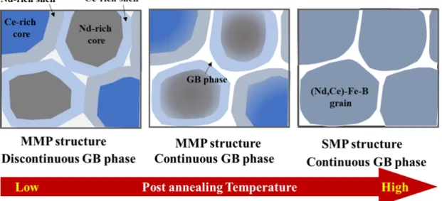 Fig.  4.  Schematic  illustrations  of  the  rare  earth  distributions  in  the  Nd-Ce-Fe-B  magnets  after  post-annealing.