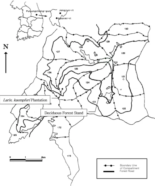Figure 1. Location of study sites at Mt. Joongwang, Gangwon-do.