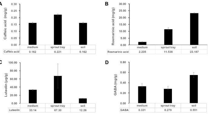 Fig.  1.  Comparison  of  CA,  RA,  LT,  GABA  contents  of  the  PF  sprout  according  to  culture  environment