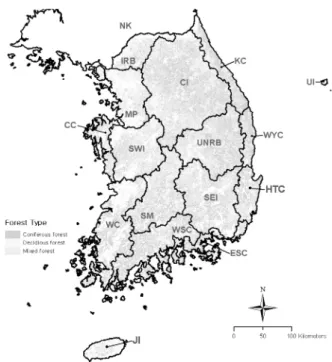 Figure 1. The ecoregions of South Korea and forest types.