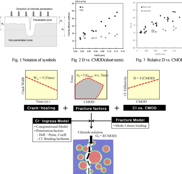 Fig. 1 depicts the notation of symbols. The calculated chloride diffusion coefficient versus CMOD is shown in  Fig