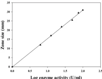Fig.  1.  Linear  correlation  relationship  between  the  halo  zone  diameter  (mm)  and  log  of  the  enzyme  activity  (U/ml)  on  protease  production