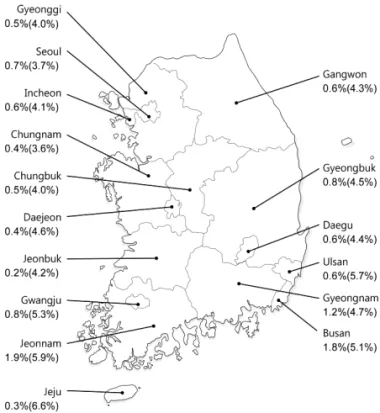 Figure 1. Map of South Korea showing age and sex-adjusted anti-HCV  seroprevalence in each area