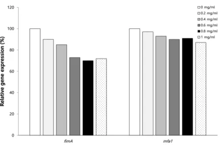 Fig.  4.  Effects  of  ethanol  extract  of  S.  koreana  leaves  on  mRNA  expression  of  fimA  and  mfa1  genes  in  P