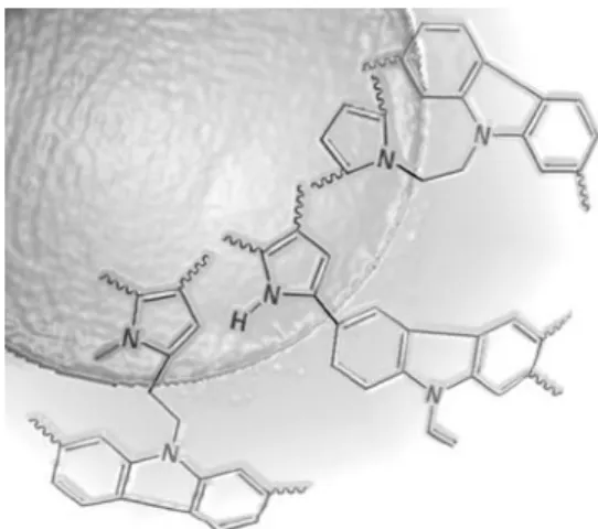 Figure  4.  마이크로에멀젼  중합을  이용해  제조된  균일한 크기의 polypyrrole nanoparticle 투과전자현 미경 사진(inset: 단일 중합반응을 통해 제조된 약  12 g의 polypyrrole nanoparticle 사진)