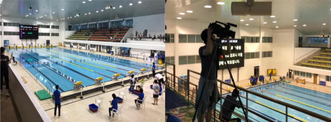 Fig.  1.  Recording  of  backstroke  100m  race 경기를 분석하였다. 경기 영상 분석은 국내의 장애인수영 대회 중 가장 큰 규모의 대회이면서, 장애인수영 선수들 의 경기력을 가늠하는 주요 대회인 장애인전국체육대회 를  선정하여  2015-2018년의  장애인전국체육대회  배영 100m 결승 경기로 국한하여 실시하였다