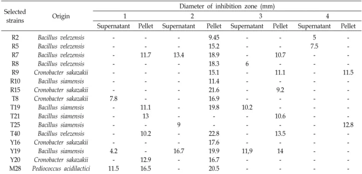 Table  5.  Origin  and  direct  antibacterial  activity  against  various  human  pathogens  of  selected  strains  isolated  from  fermented  foods