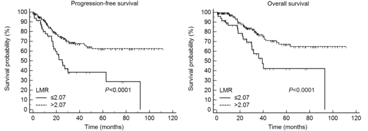 Fig. 1. The LMR predicted progression-free survival and overall survival in 234 patients with epithelial ovarian cancer
