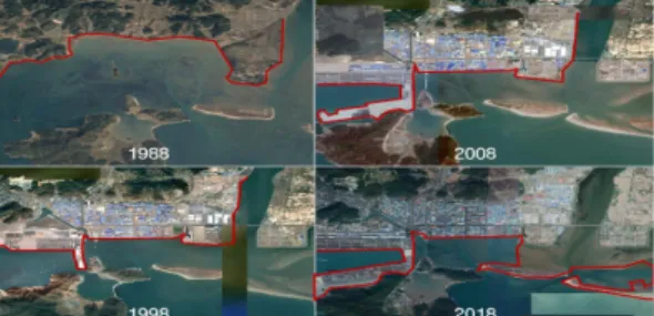 Fig.  1.  Map  of  Change  in  Local  Busan  Coastline 이상의 이론과 선행연구 내용에서 해안선의 형태가 환 경문제에  영향을 미치는 필수적인 요소임을 알 수 있다 [1-6]