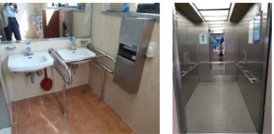 Fig.  5.  Accessible  Sink  and  Elevator  for  the  Elderly 현행 법령에 기술된 BF 인증항목의 적합성 검토를 위 한 IPA분석은 세면대(위생시설), 편리한 욕실(위생시설),  3)  샤워실/탈의실(위생시설),  4)  경보  및  피난설비의  설 치  (안내시설) 등으로  나타나  이  부분의  중점적개선,  보 완이  필요한  것으로(Concentrate  here)  분석되었다