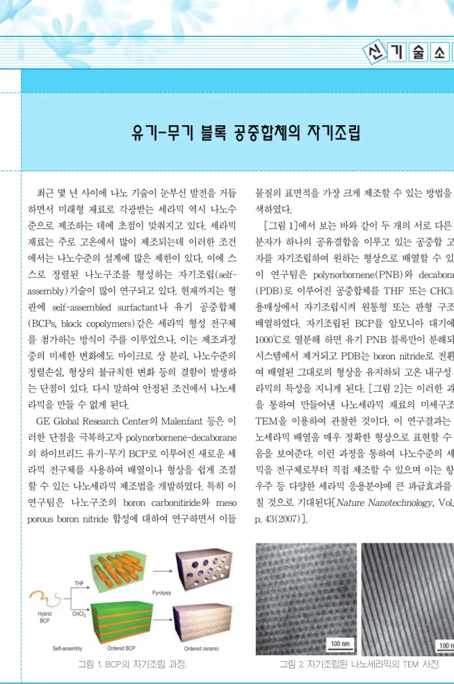 그림 1. BCP의 자기조립 과정. 그림 2. 자기조립된 나노세라믹의 TEM 사진.