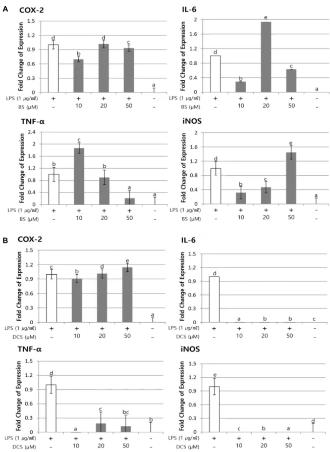 Fig.  4.  COX-2,  TNF-α,  IL-6  and  iNOS  mRNA  expression  in  TK-1  cells.  (A)  Cells  were  treated  with  β-sitosterol  (10,  20,  50  μM)  and  LPS  (1  μg/ml)  for  12  hr