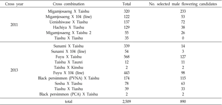 Table  2.  Marker-assisted  selection  (MAS)  for  male  flowering  candidate  persimmon  plants  (Diospyros  kaki  Thunb.)  from  various  cross  combinations  using  male-linked  gene  locus  (OGI)  specific  marker  OGI-spR/OGI-candF1