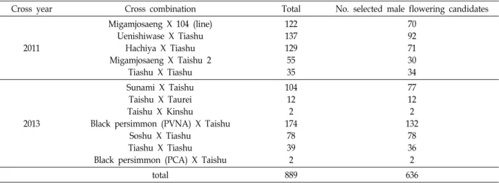 Table  3.  Marker-assisted  selection  (MAS)  for  male  flowering  candidate  persimmon  plants  (Diospyros  kaki  Thunb.)  from  various  cross  combinations  using  DISx-AF4S  marker