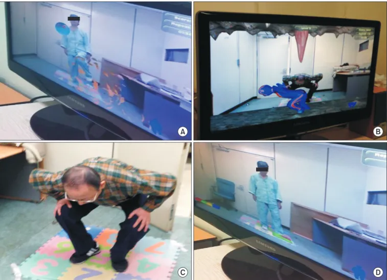 Fig. 1. Participants engaged with a three-dimensional, interactive, augmented reality rehabilitation system, comprised  of the balloon game (A), the cave game (B, C), and the rhythm game (D)