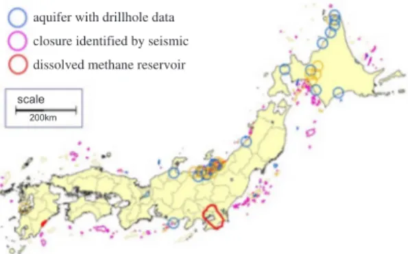 그림 7. 일본에서 계획하고 있는 CO 2 지중저장 후보지역 들. 주로 해양퇴적층(염대수층)을 대상으로 하며, 약 300 억톤 CO 2 을 저장가능한 양으로 추정하고 있다