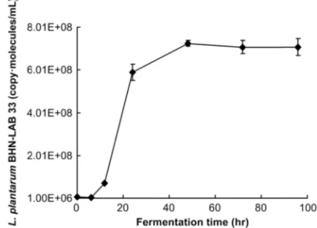 Fig.  2.  Quantitative  analysis  of  Lactobacillus  plantarum  BHN-LAB  33  in  the  Saposhnikovia  fermentation  process  by  the  Real-time  PCR.