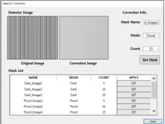 Table 1. Max-Min Difference in Pixel Values by Averaging Number 보정 영상 획득 단계에서 임의의 평균화 개수에 따라  발생하는 보정 정도를 확인하기 위해서 Dark, Flood 이 미지 보정을 모두 적용한 이미지에 결과로서,  평균 영상  획득 값이 높아질수록 픽셀 별 차이가 줄어드는 것을 확 인할 수 있다
