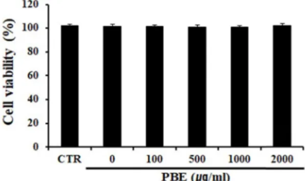 Fig.  1.  PBE  on  the  cell  viability  in  BV-2  microglia.  BV-2  micro- micro-glia  (2×10 4   cells/well  in  a  96-well  plate)  were  incubated  with  PBE  for  24  hr,  and  cell  viability  was  assessed  using  MTS  assay