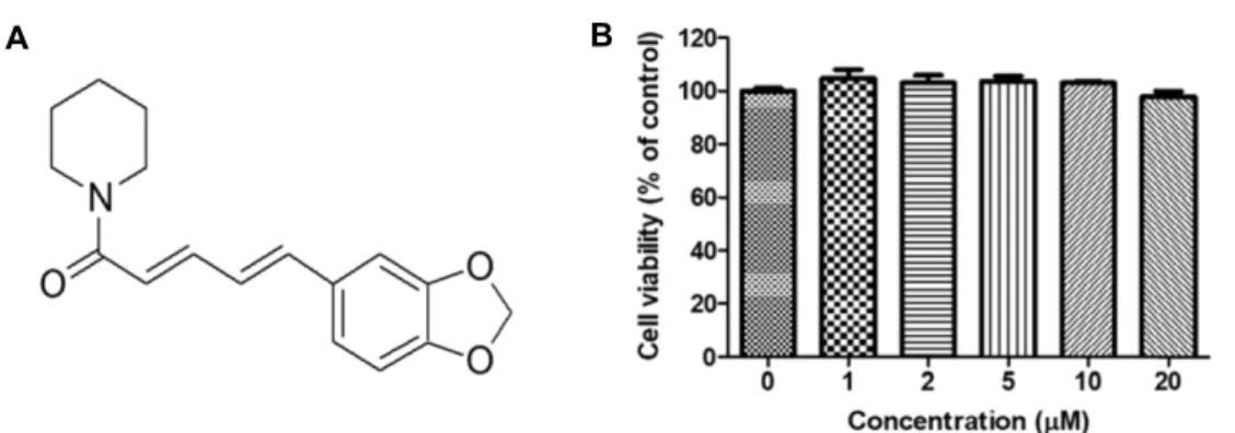 Fig.  1.  Chemical  structure  of  piperine  (A)  and  cell  viability  of  piperine  on  HepG2  cells  (B)