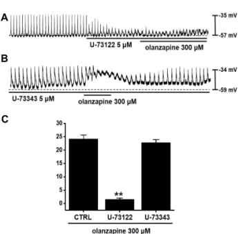 Fig.  5.  Effects  of  PLC  inhibitors  on  olanzapineinduced  pace- pace-maker  potential  depolarizations  in  cultured  ICCs