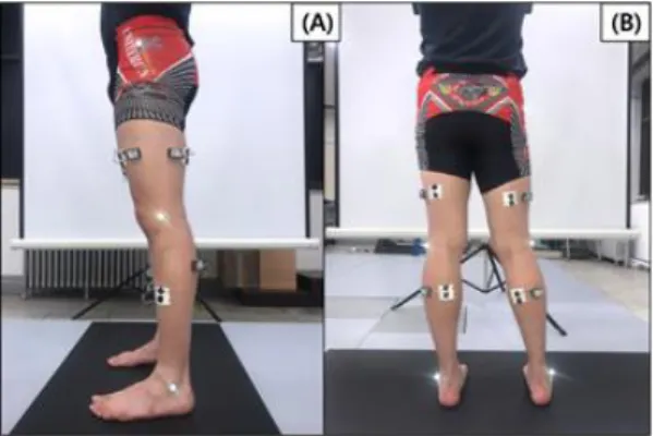 Fig.  1.  Location  for  measure  of  electromyography  and  knee extension angle, and asymmetric standing  posture 