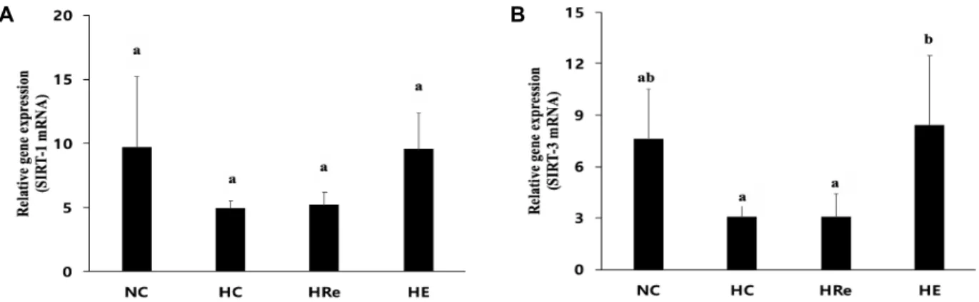 Fig.  3.  The  comparison  of  SIRT-1  and  SIRT-3  mRNA  among  groups.  (A)  SIRT-1  mRNA;  (B)  SIRT-3  mRNA